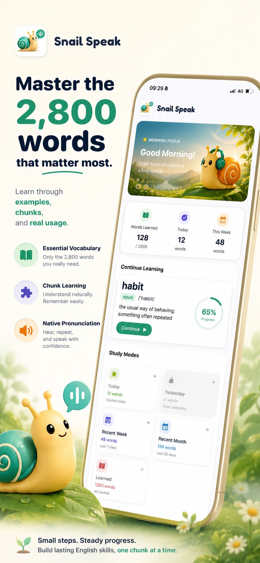 Snail Speak app lesson screen
